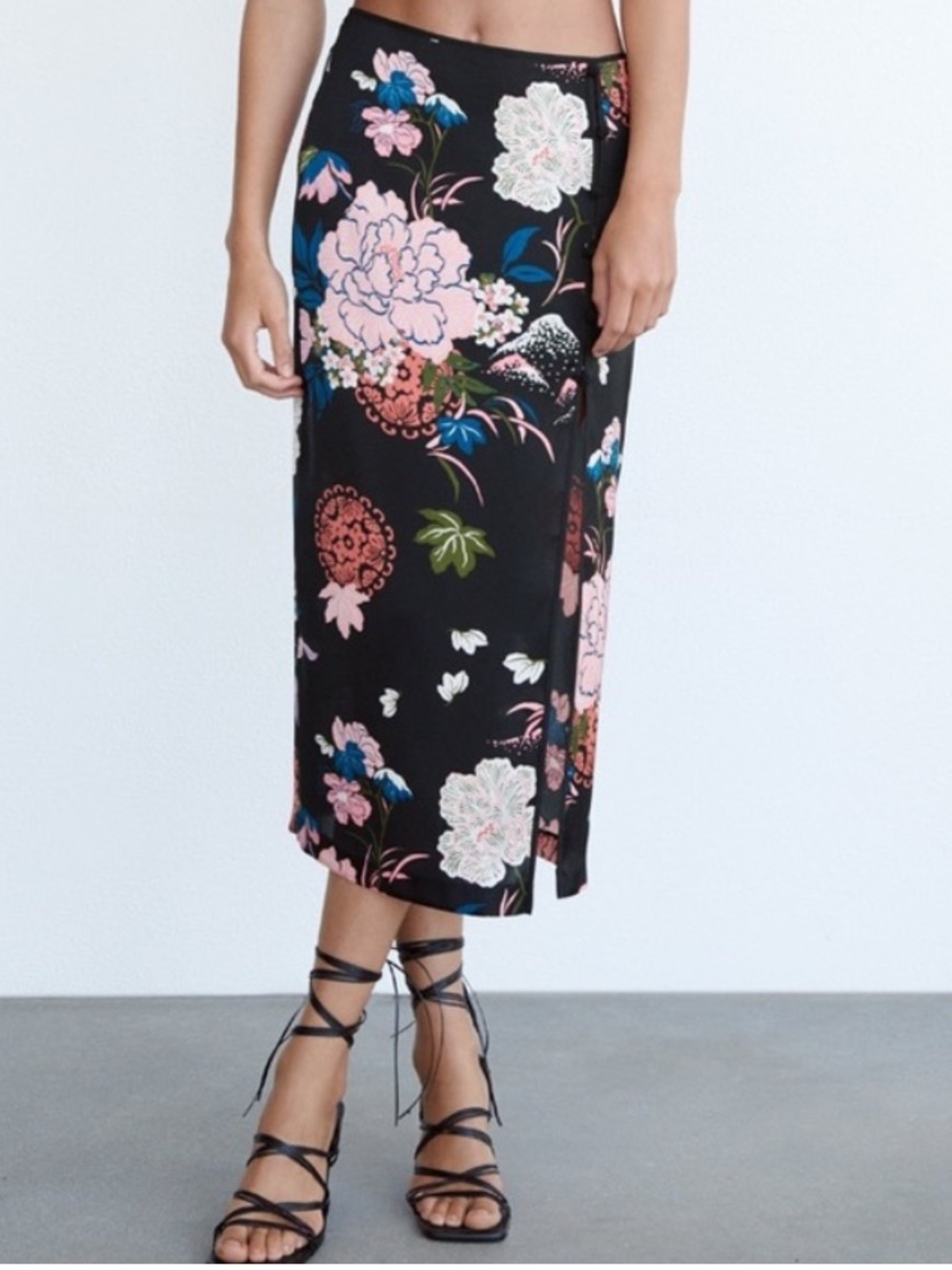 Zara Satin Black Floral Print Skirt with Slit